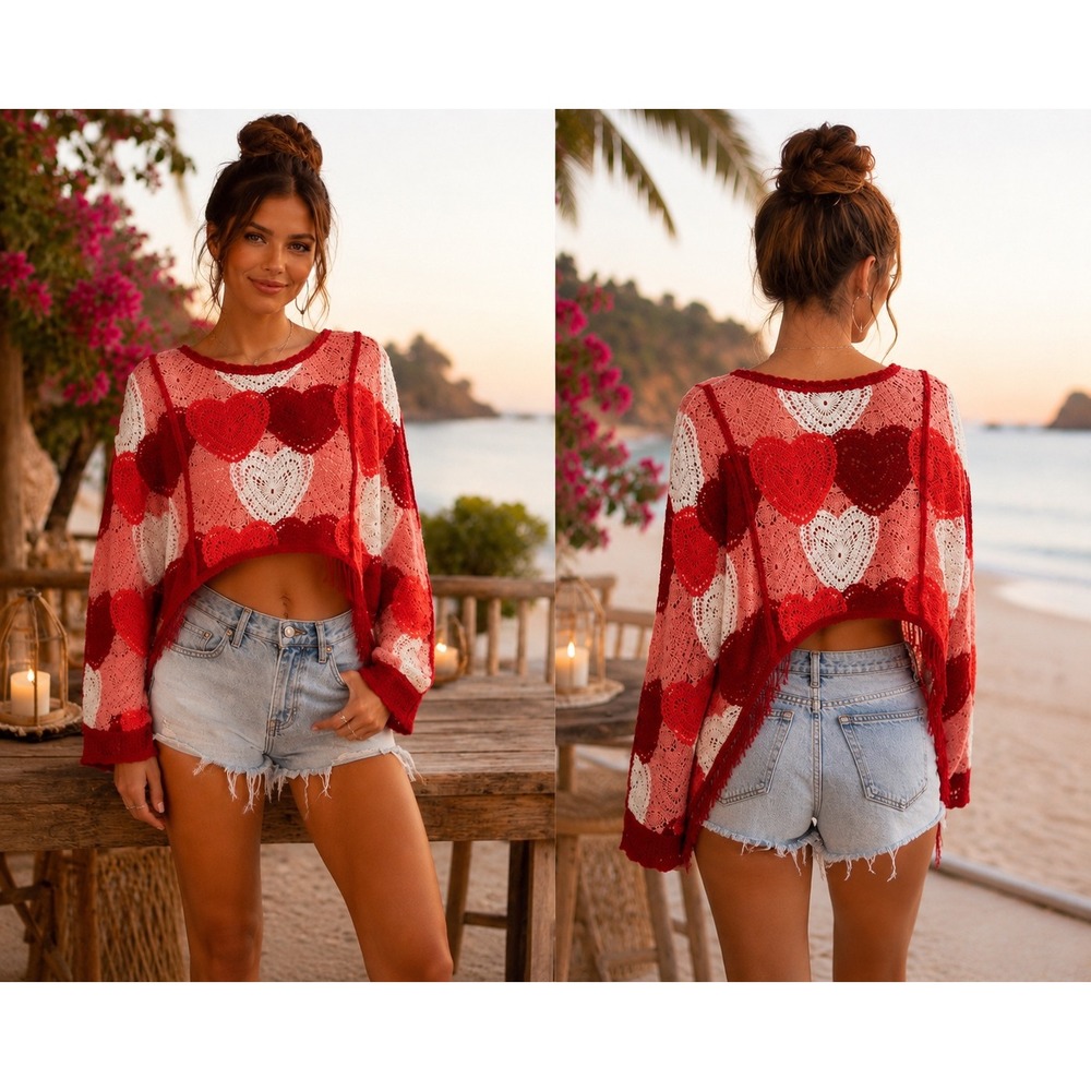 House of Harlow‎ Crochet Heart Sweater Fringe Boho Festival Patchwork Pink Red